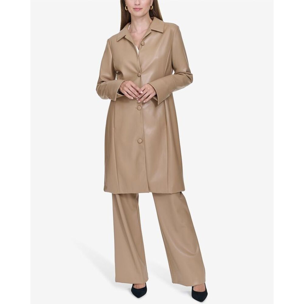 Halston Womens  Leather Trench Coat, Brown
